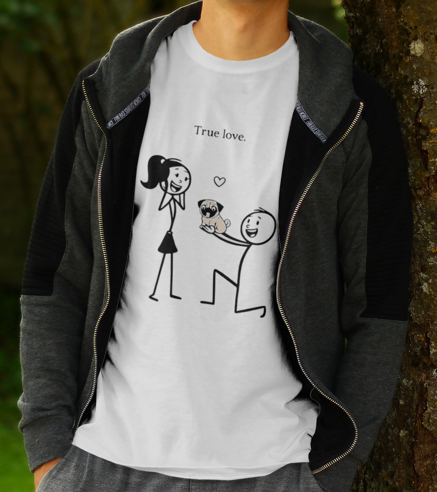 True Love Stick Figure Couple With Pug Proposal T-Shirt
