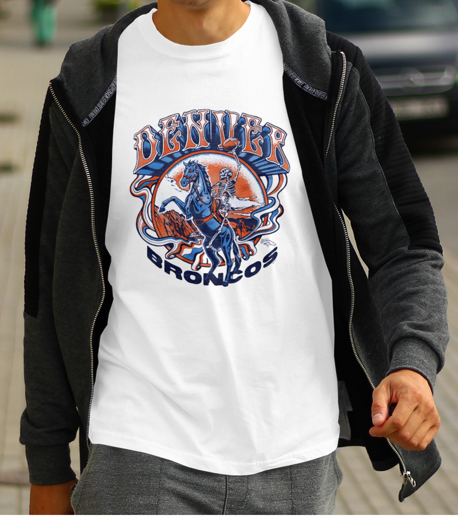 Denver Broncos Skeleton Horse Rider Football T-Shirt