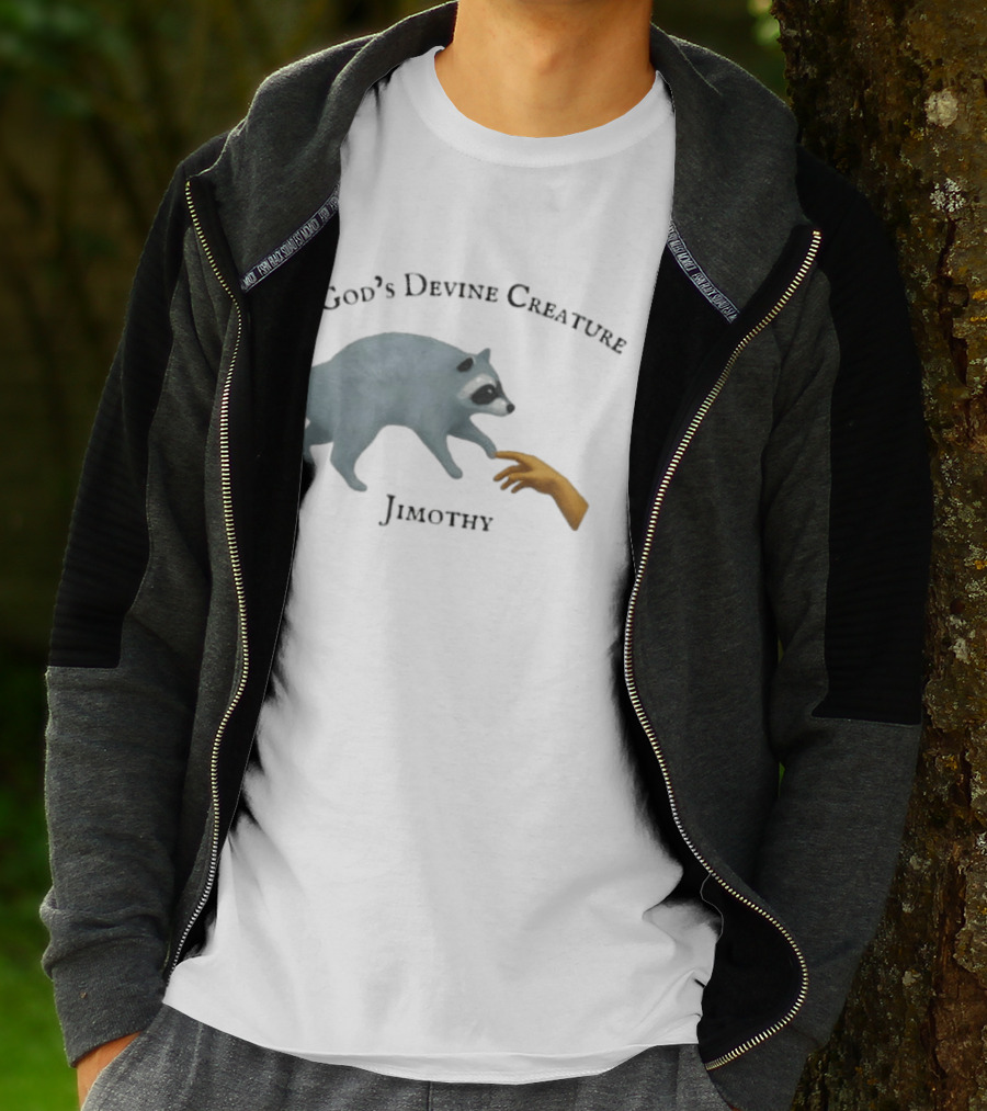 God's Divine Creature Raccoon Jimothy Meme Creation Of Adam T-Shirt