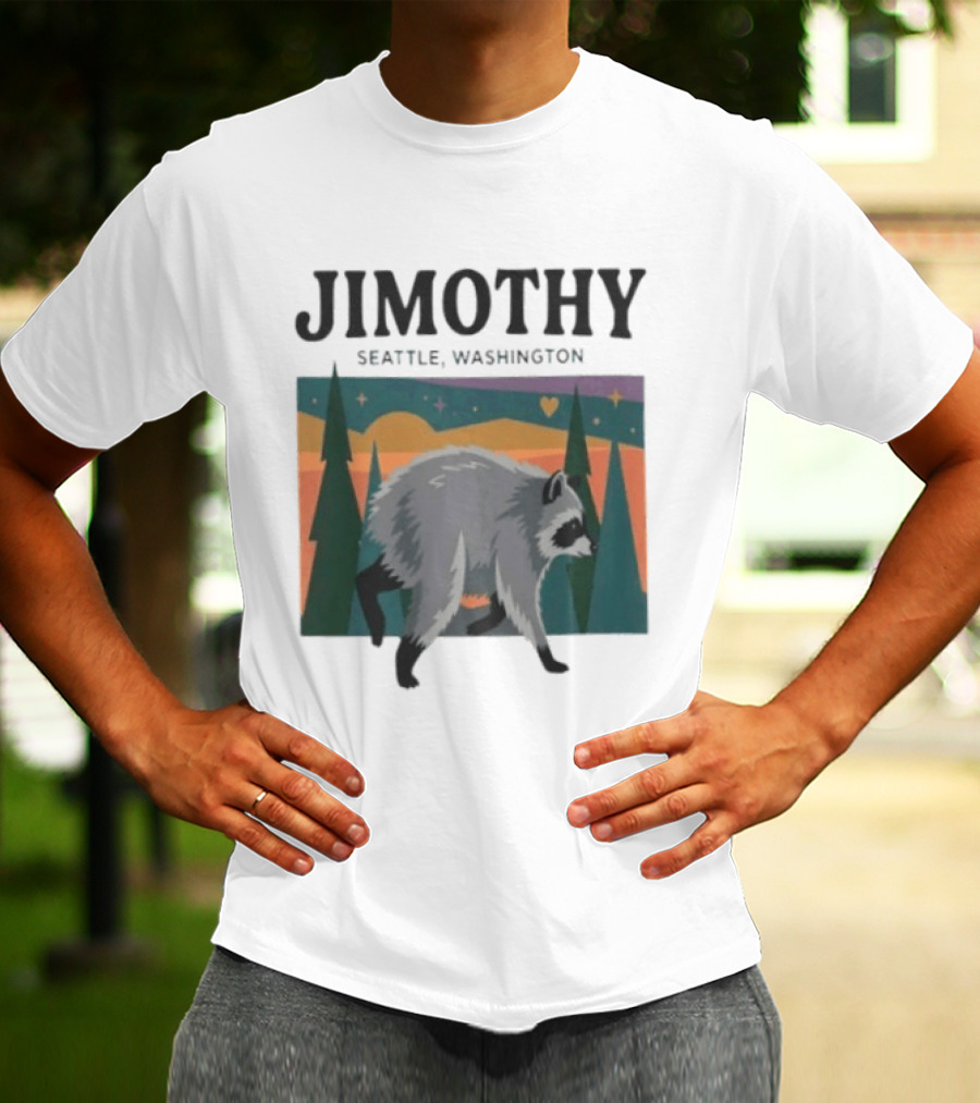 Jimothy Raccoon Seattle Washington Pacific Northwest Forest Scene T-Shirt