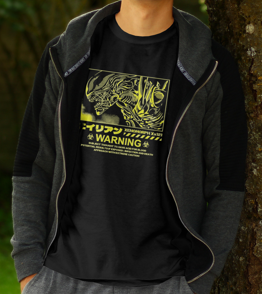 Alien Xenomorph Xx121 Acid Blood Warning Hazard Japan Text Yellow T-Shirt