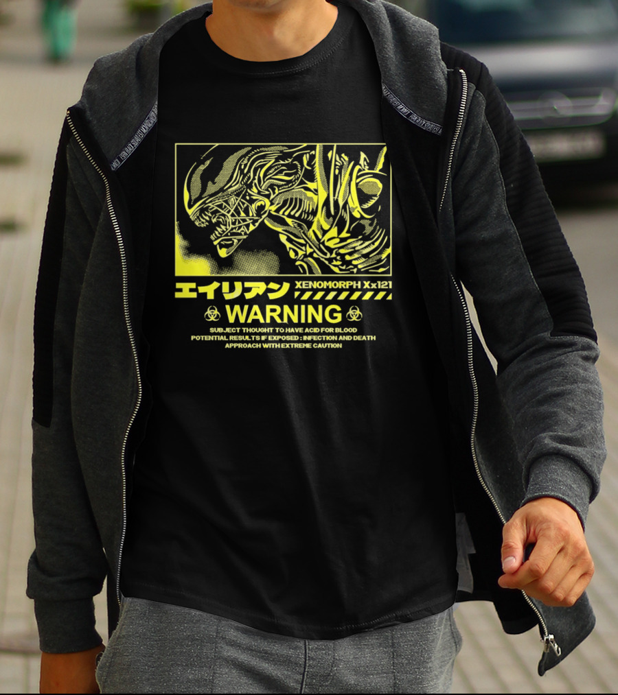 Alien Xenomorph Xx121 Acid Blood Warning Hazard Japan Text Yellow T-Shirt