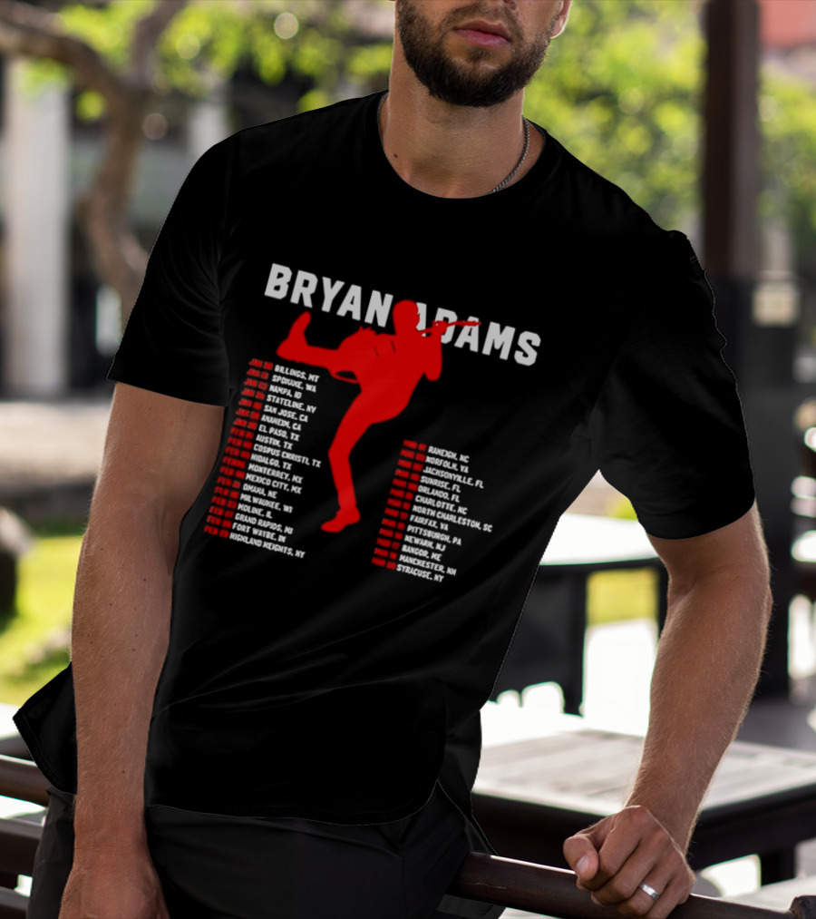 Bryan Adams Kicking Guitar With 2023 Tour Dates And Cities T-Shirt