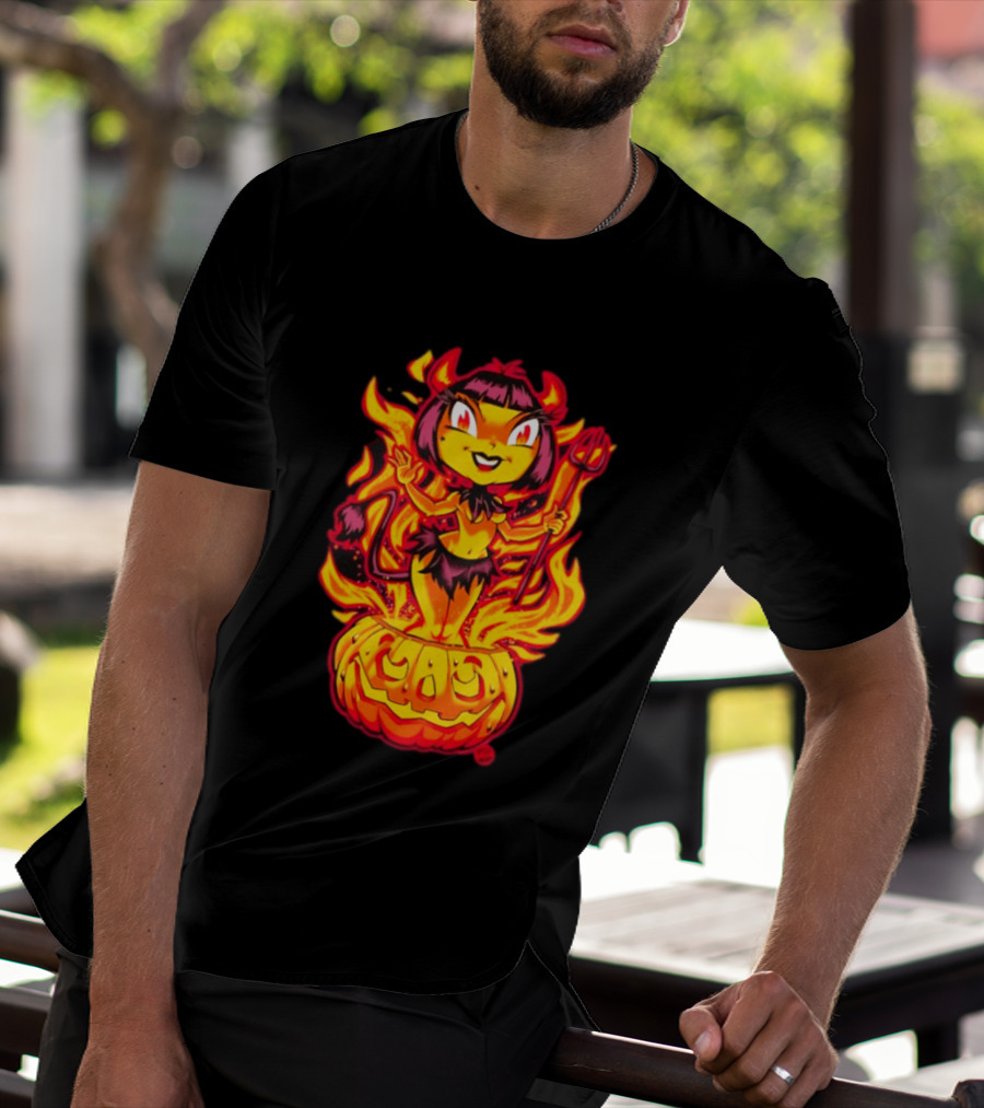 Devil Girl In Jack O' Lantern Halloween Flames With Pitchfork And Tail T-Shirt