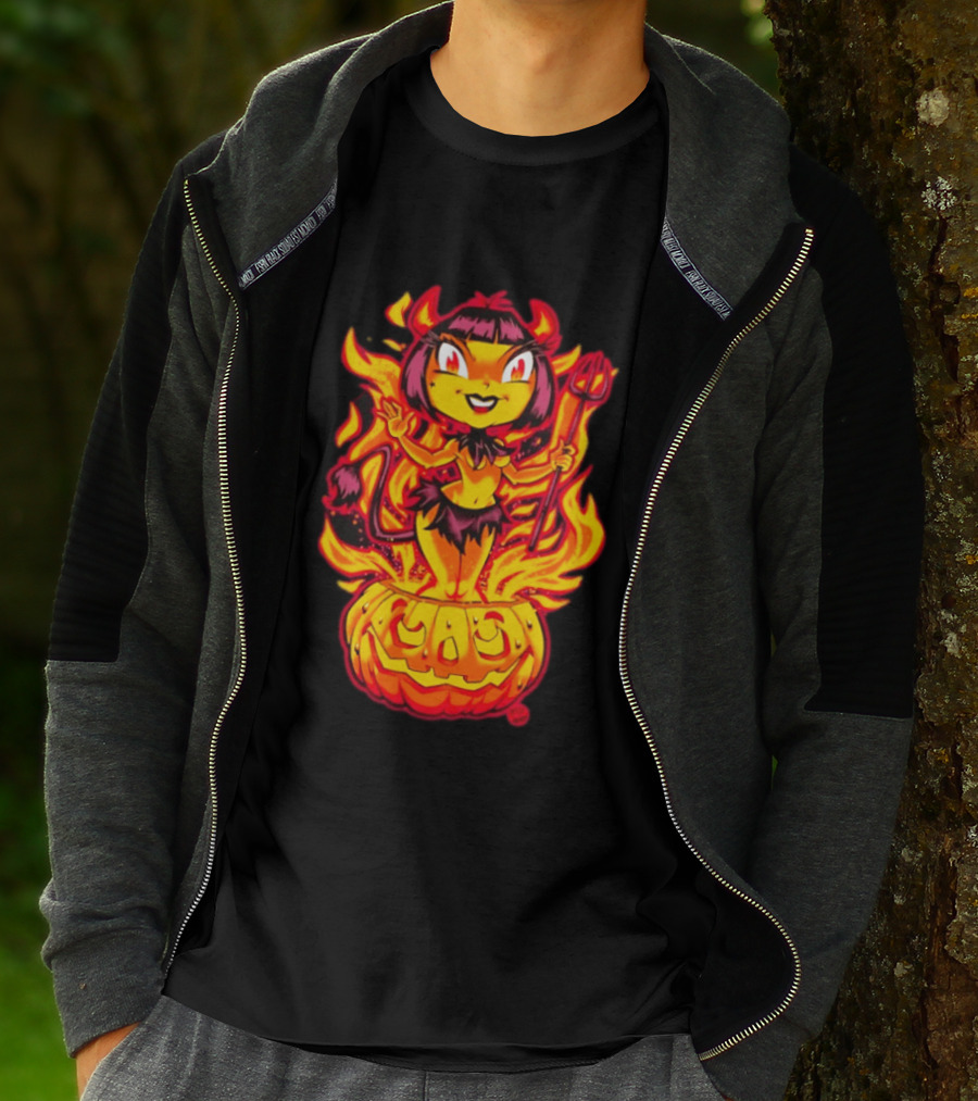 Devil Girl In Jack O' Lantern Halloween Flames With Pitchfork And Tail T-Shirt