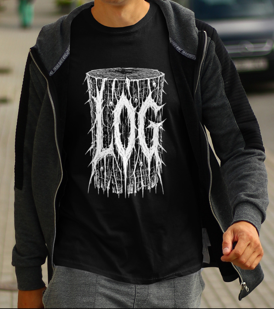 Log Stump Metal Band Dripping White Lettering Forest Aesthetic T-Shirt