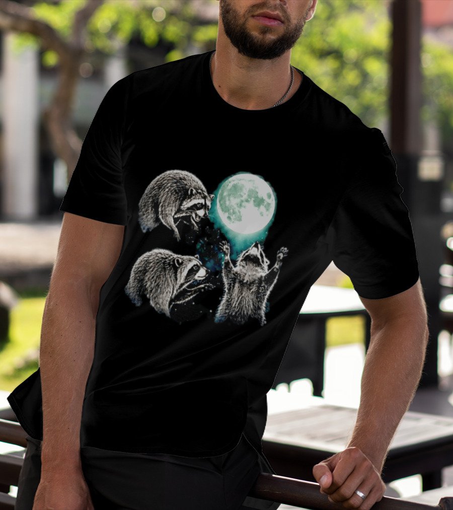 Jimothy Raccoon Moon Space Wolf Moon Trio Reaching For Full Moon T-Shirt