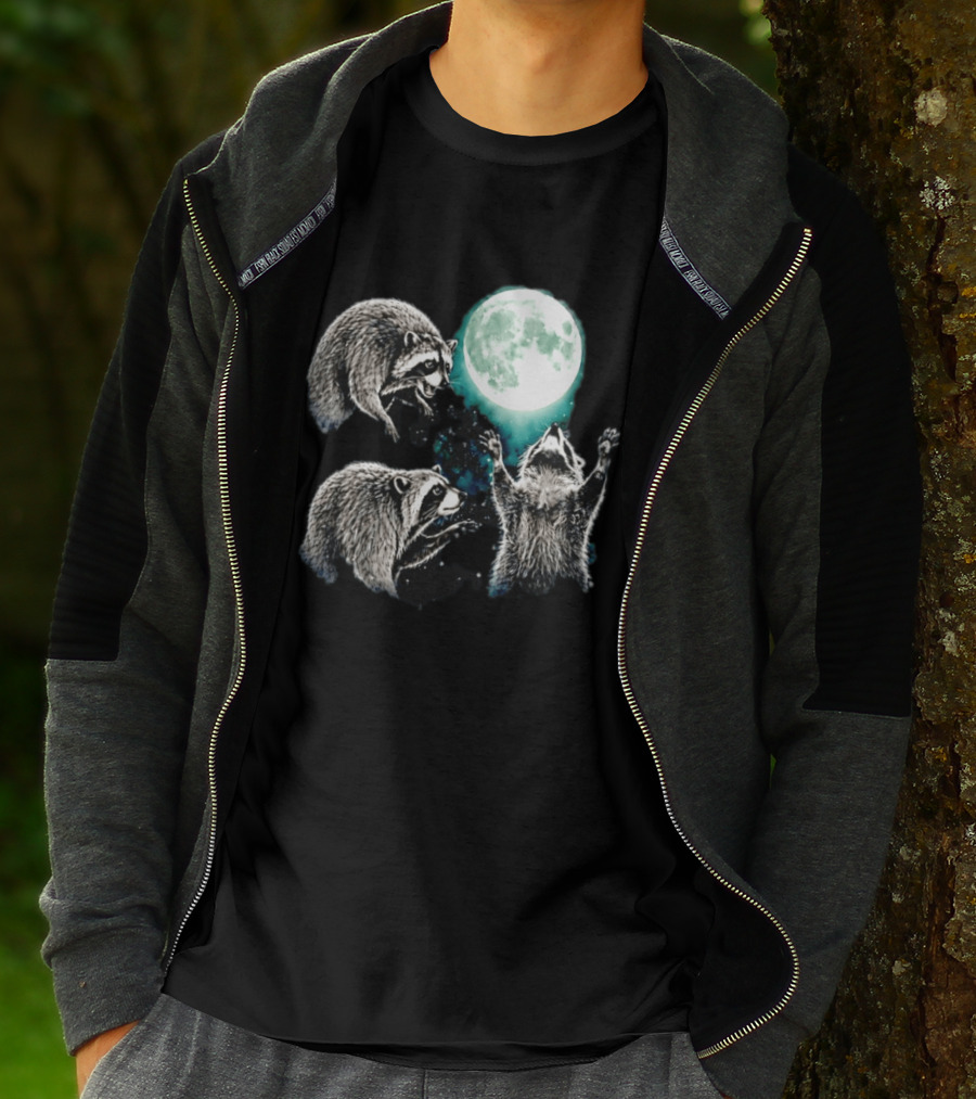 Jimothy Raccoon Moon Space Wolf Moon Trio Reaching For Full Moon T-Shirt