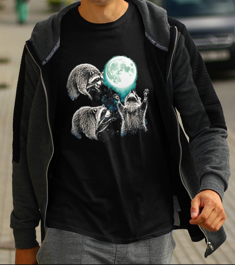 Jimothy Raccoon Moon Space Wolf Moon Trio Reaching For Full Moon T-Shirt