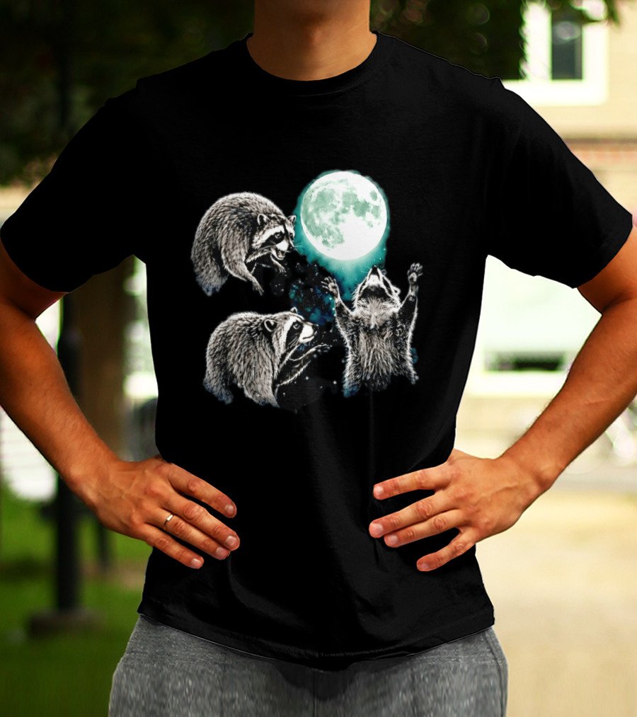 Jimothy Raccoon Moon Space Wolf Moon Trio Reaching For Full Moon T-Shirt