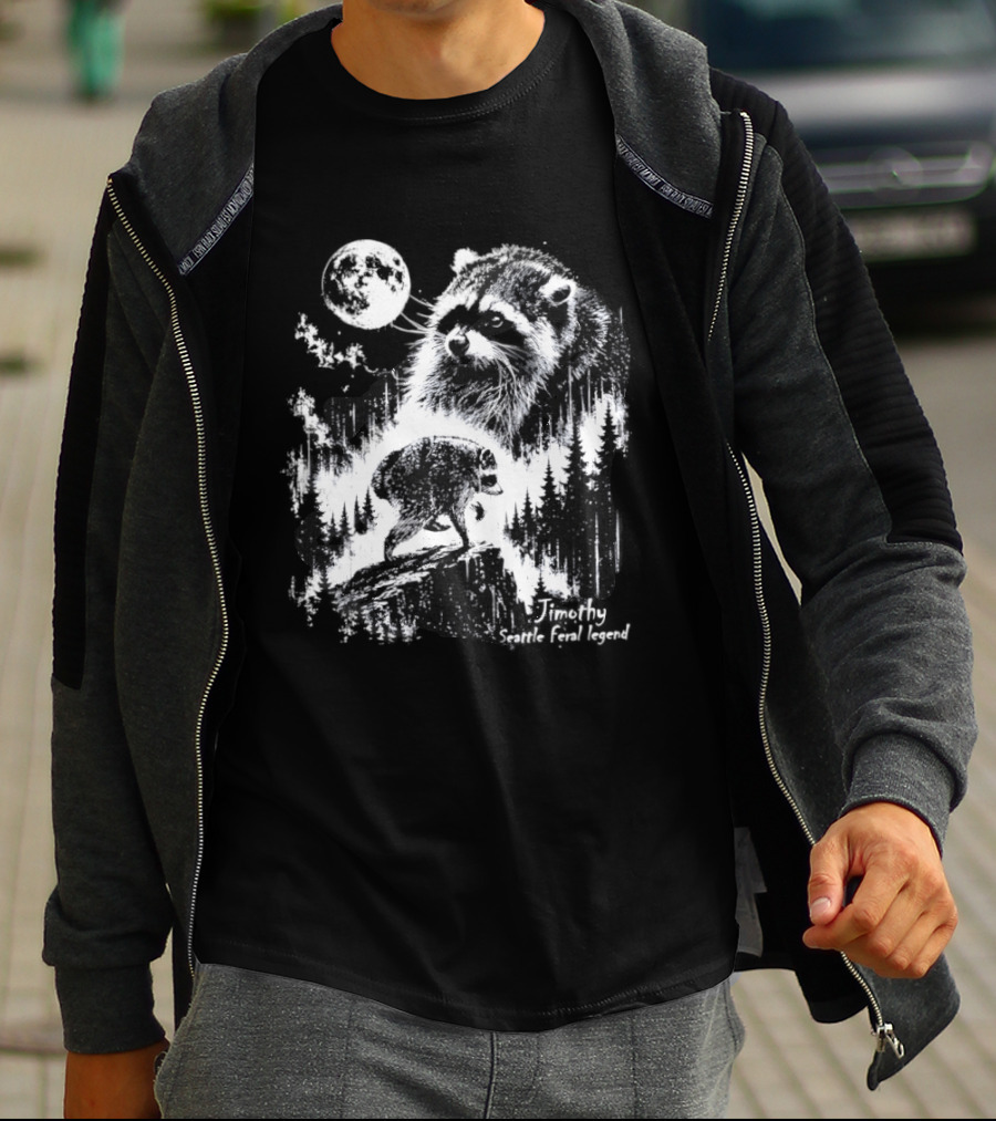 Jimothy Seattle Feral Legend Raccoon Moonlit Forest Wildlife Adventure T-Shirt