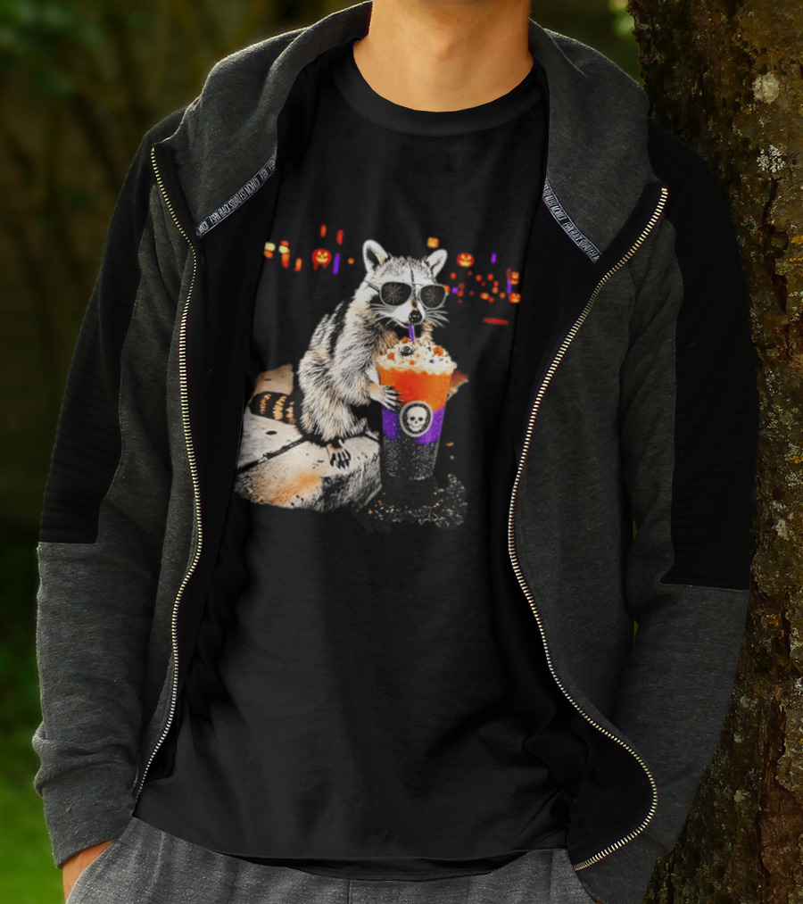 Raccoon With Sunglasses Enjoying Halloween Frappe With Skull Cup And Pumpkin T-Shirt