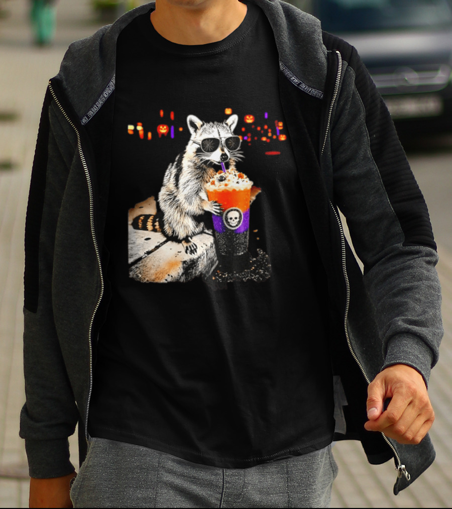 Raccoon With Sunglasses Enjoying Halloween Frappe With Skull Cup And Pumpkin T-Shirt