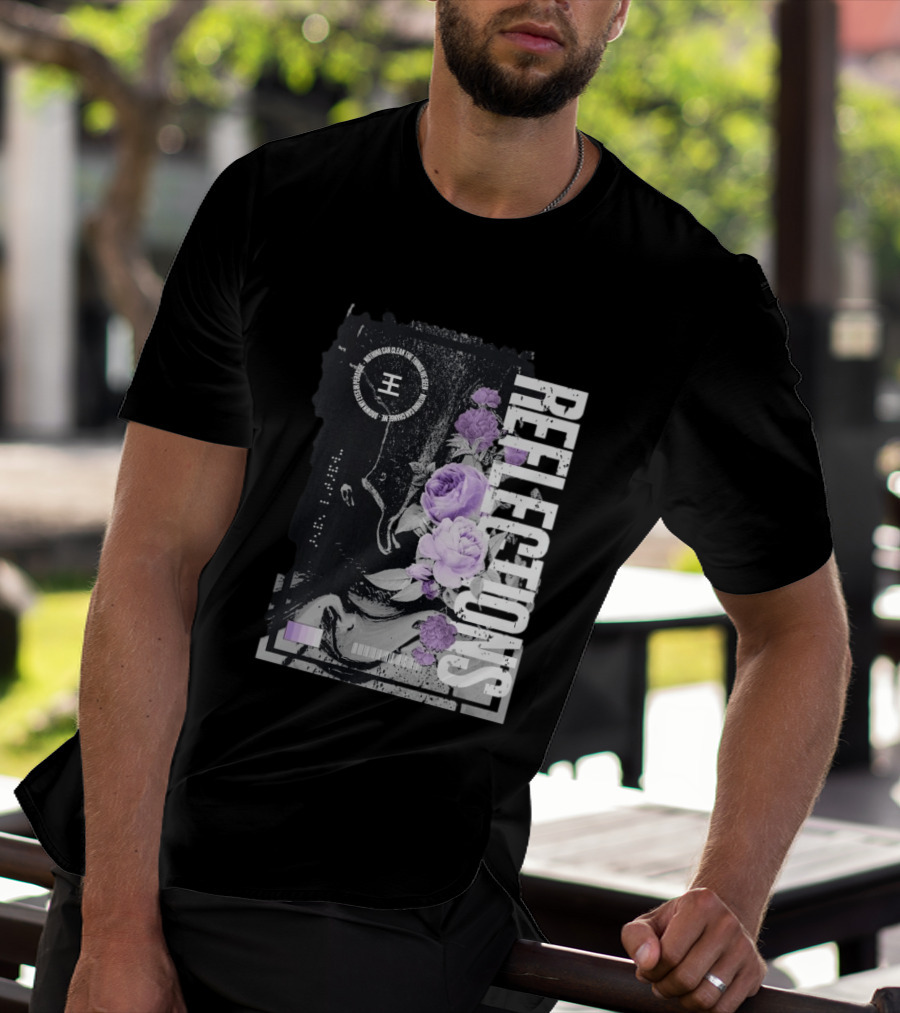 Reflections Peroxide Floral Typography With Purple Roses And Abstract Black And White T-Shirt