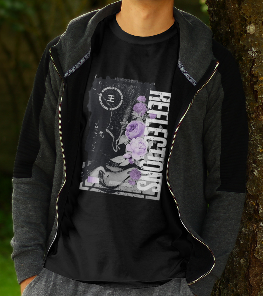 Reflections Peroxide Floral Typography With Purple Roses And Abstract Black And White T-Shirt