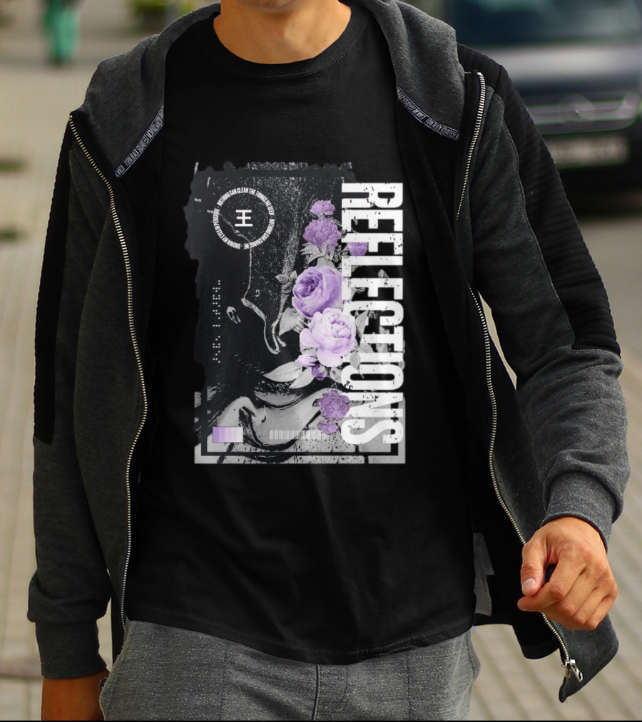 Reflections Peroxide Floral Typography With Purple Roses And Abstract Black And White T-Shirt