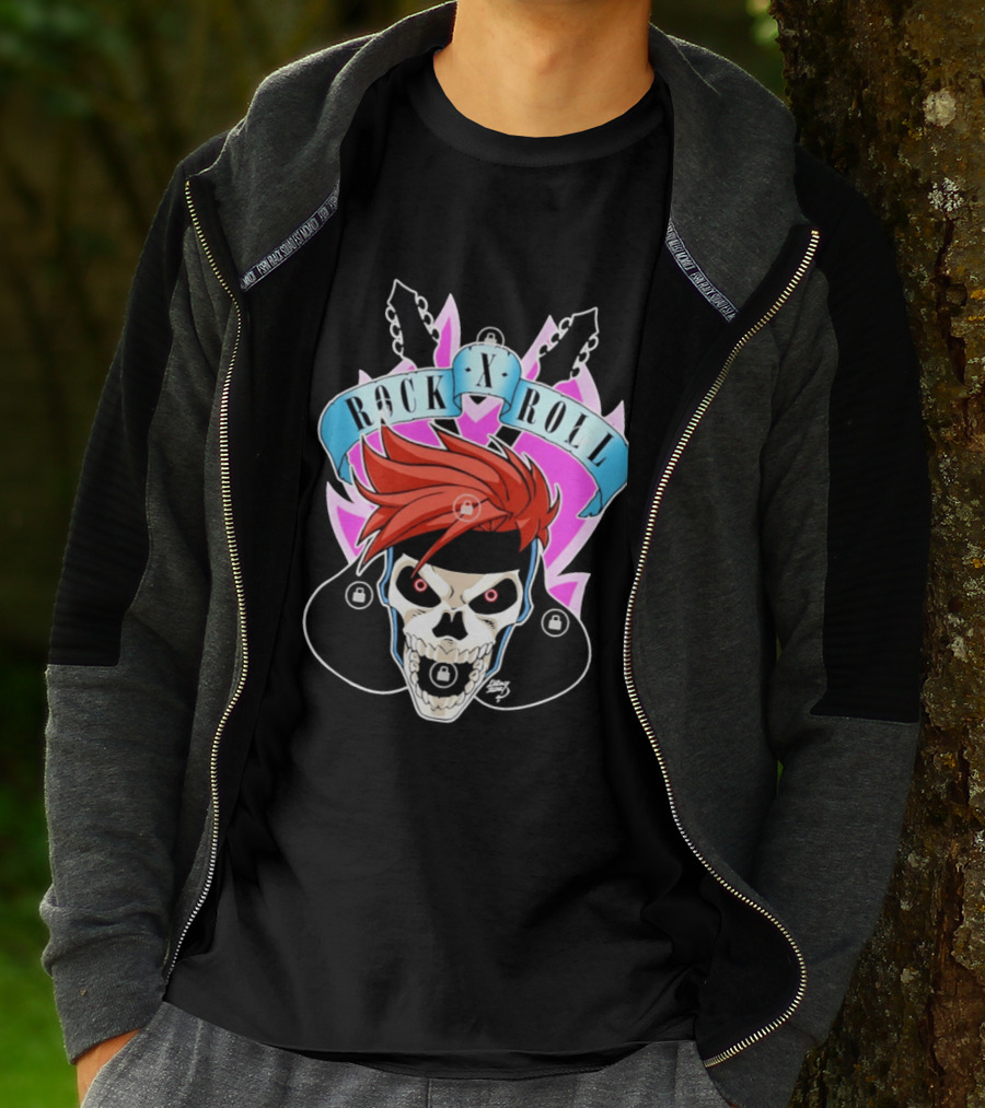 Rock X Roll Skull Electric Guitar Red Hair T-Shirt