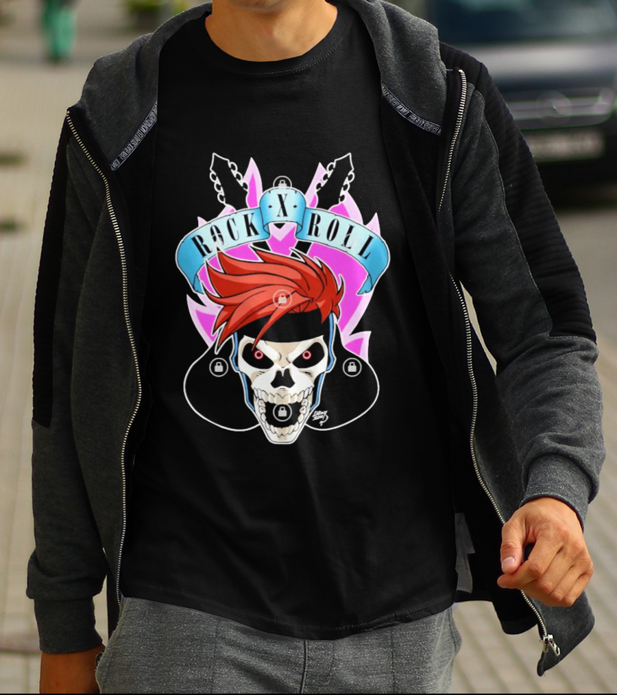 Rock X Roll Skull Electric Guitar Red Hair T-Shirt
