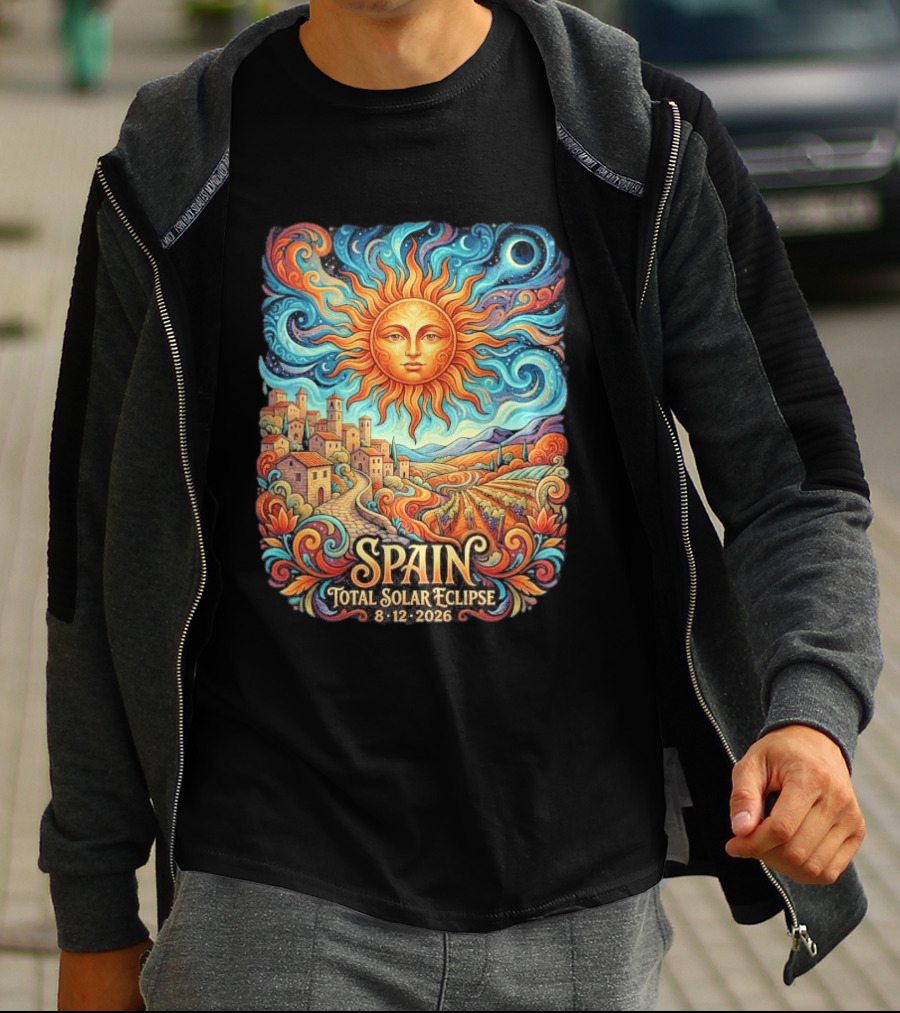 Spain Total Solar Eclipse 8 12 2026 Sun And Moon Celestial Village T-Shirt