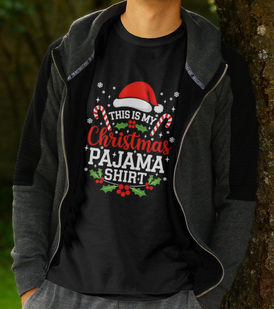 This Is My Christmas Pajama Santa Hat Candy Cane Holly T-Shirt