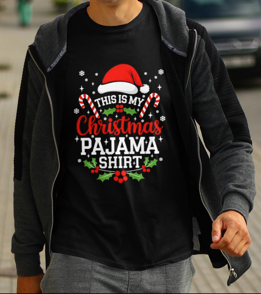 This Is My Christmas Pajama Santa Hat Candy Cane Holly T-Shirt