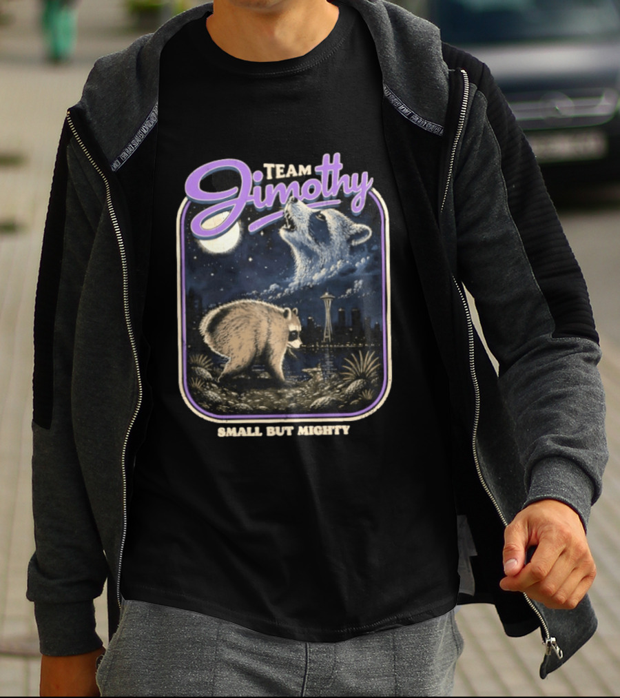 Team Jimothy Small But Mighty Raccoon Cityscape At Night Seattle Tower T-Shirt