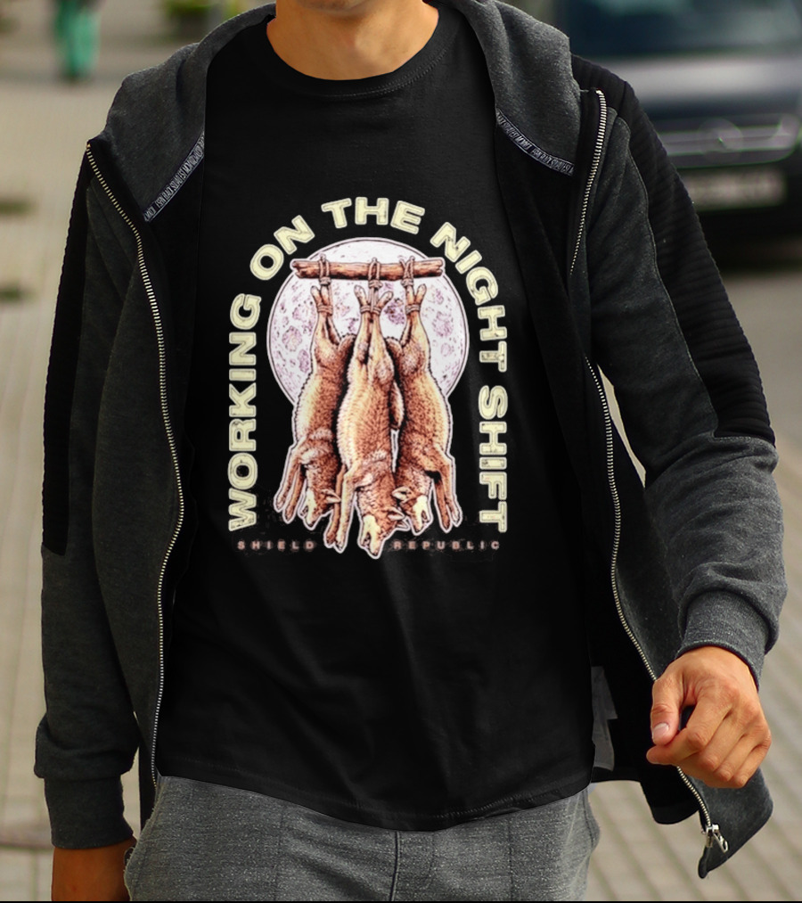 Working On The Night Shift Shield Republic Hanging Coyotes Full Moon T-Shirt