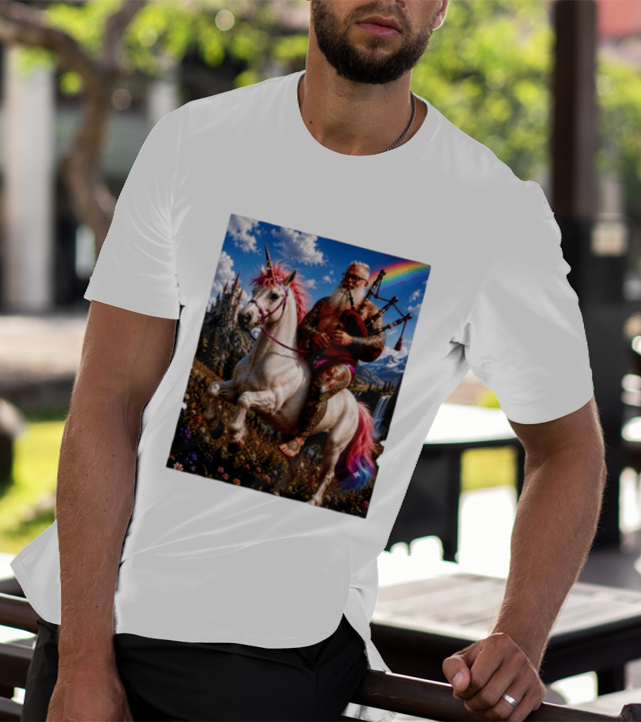 Bearded Scotsman Playing Bagpipes Riding A Rainbow Unicorn In Enchanted Castle Landscape T-Shirt