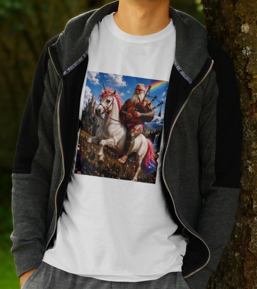 Bearded Scotsman Playing Bagpipes Riding A Rainbow Unicorn In Enchanted Castle Landscape T-Shirt