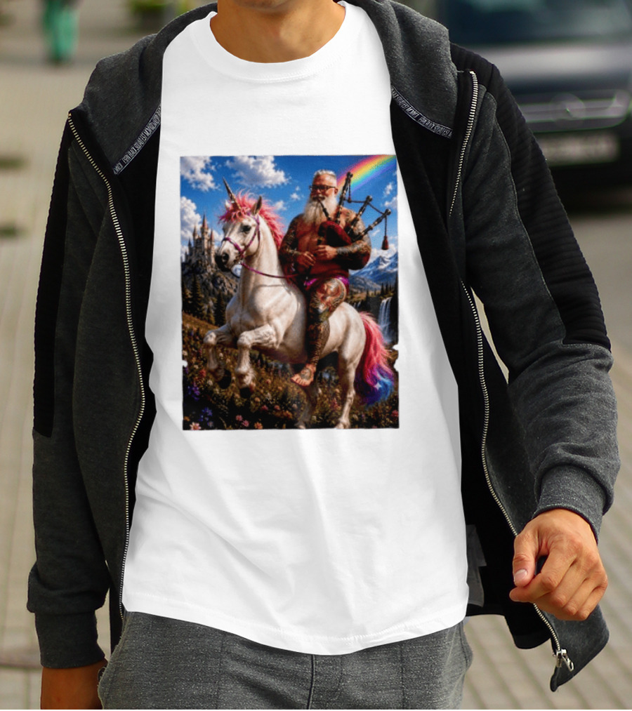 Bearded Scotsman Playing Bagpipes Riding A Rainbow Unicorn In Enchanted Castle Landscape T-Shirt