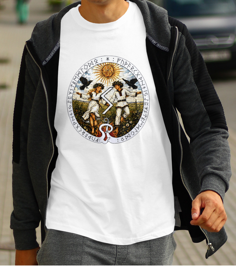 Seidr Sun Wheel Futhark Runes Pagan Folk Norse Mythology Ravens And Dancing Figures T-Shirt