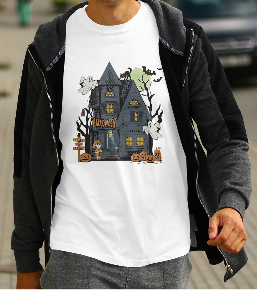 Halloween Haunted House With Frankenstein Trick Or Treat Ghosts And Pumpkins T-Shirt