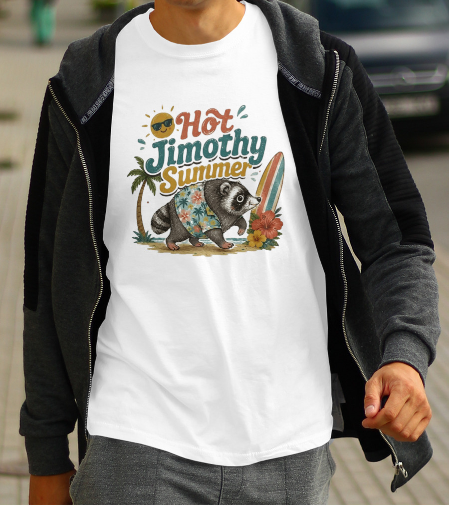 Hot Jimothy Summer Raccoon Tropical Surfing Vibes Vintage Paradise T-Shirt