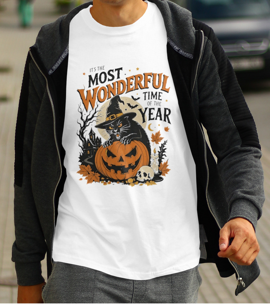It's The Most Wonderful Time Of The Year Witch Cat And Pumpkin Halloween T-Shirt