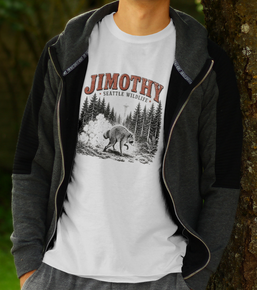 Jimothy Seattle Wildlife Raccoon With Space Needle Forest Scene T-Shirt