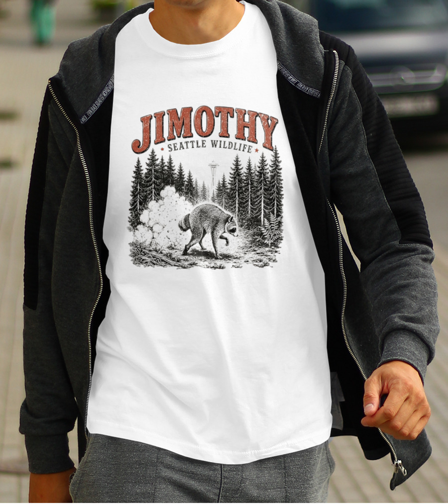 Jimothy Seattle Wildlife Raccoon With Space Needle Forest Scene T-Shirt
