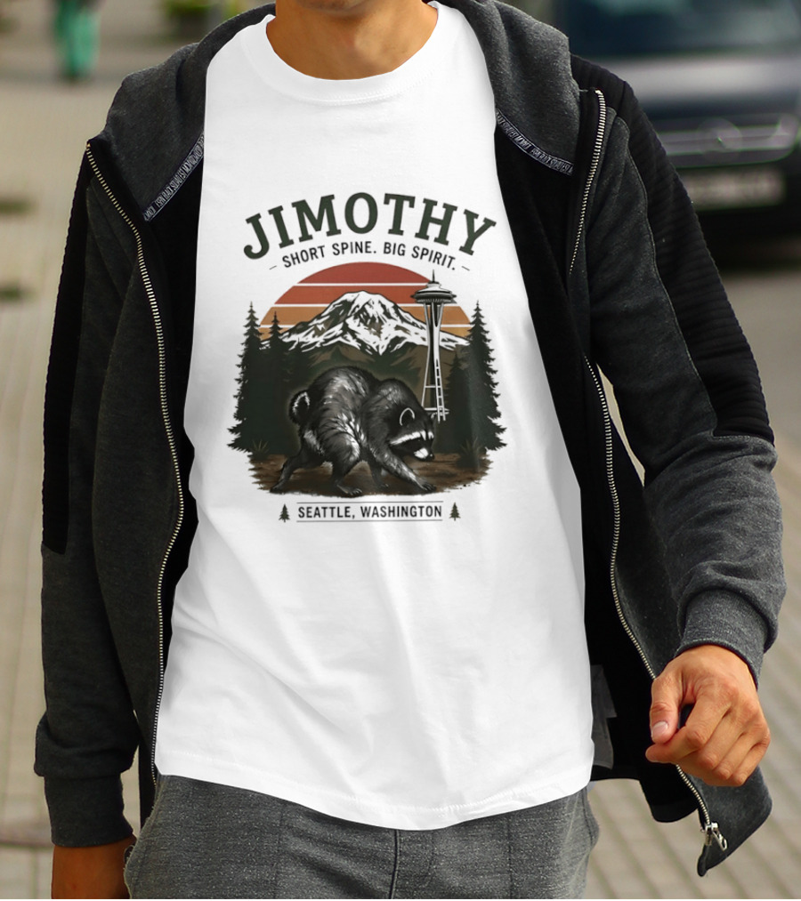 Jimothy Short Spine Big Spirit Bear Seattle Washington Skyline Sunset T-Shirt