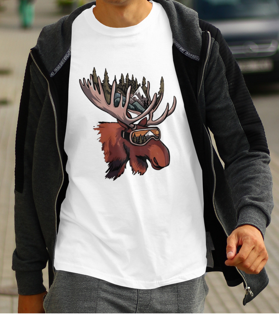 Moose With Ski Goggles And Mountain Forest Antlers Adventure Scene T-Shirt