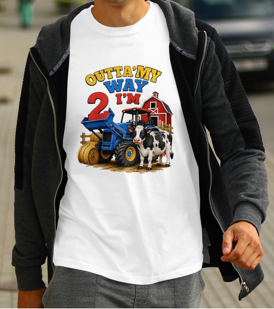 Outta My Way I'm 2 Farm Tractor Birthday Cow Barnyard Party T-Shirt