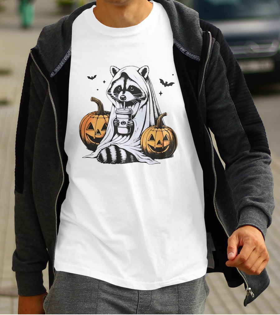Raccoon Ghost With Iced Coffee And Jack O' Lanterns Halloween T-Shirt