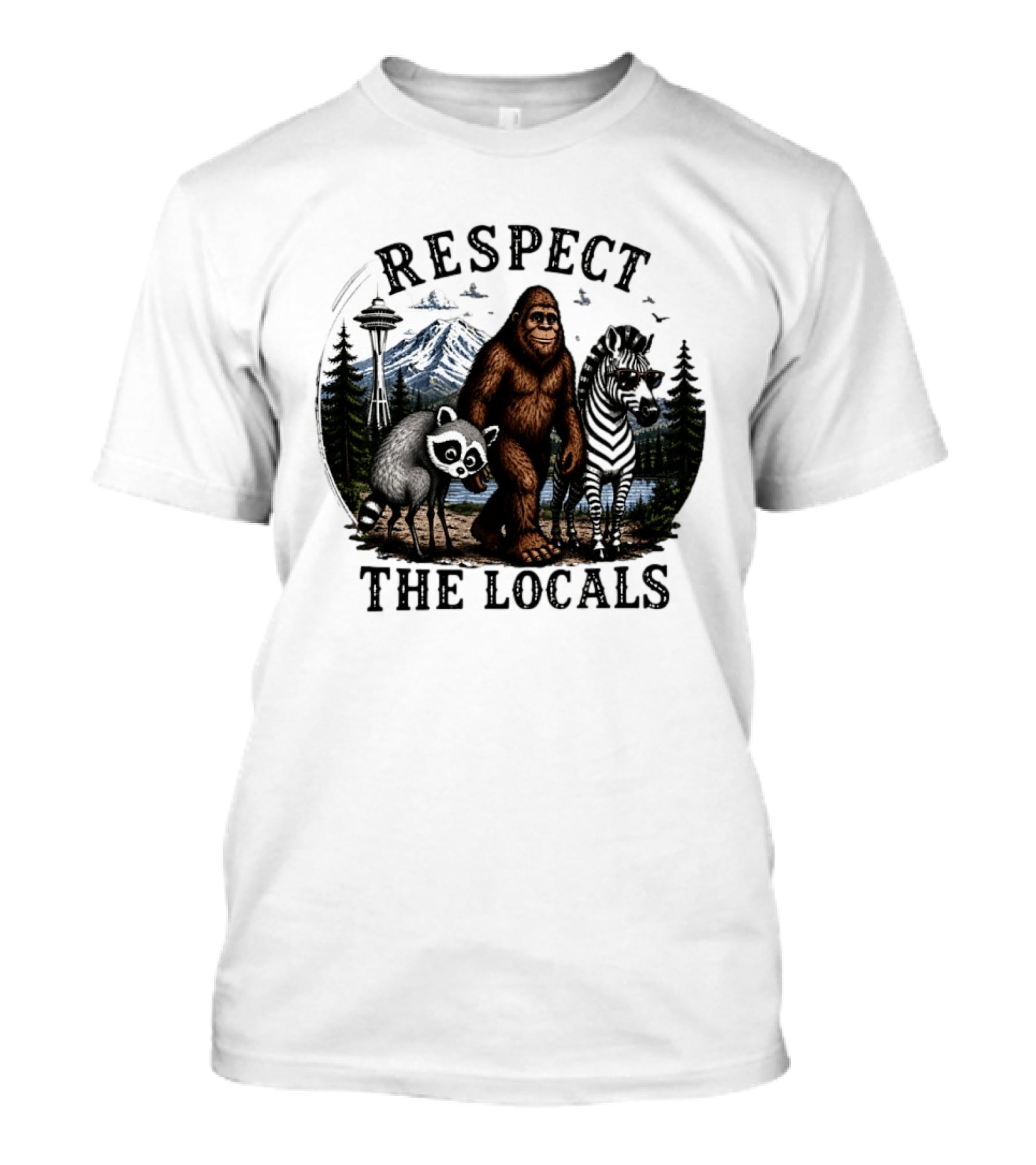 Respect The Locals Bigfoot Raccoon Zebra Seattle Space Needle Forest Scene T-Shirt