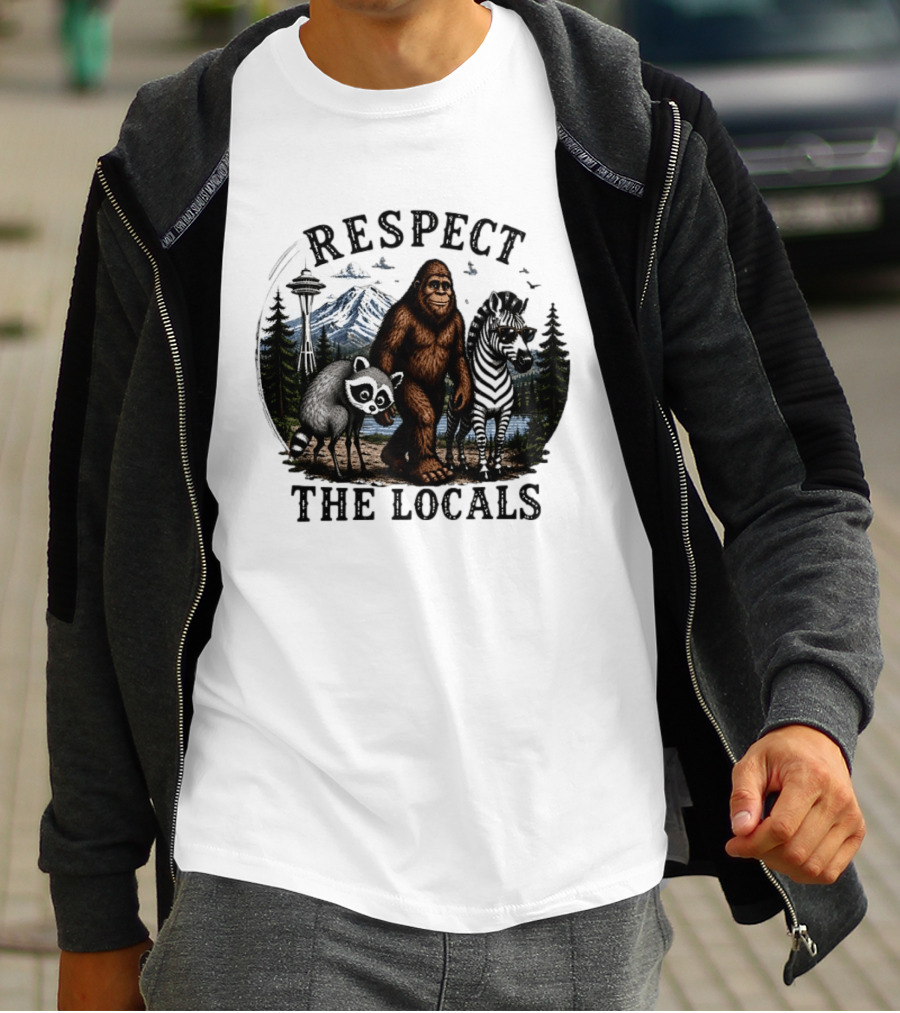 Respect The Locals Bigfoot Raccoon Zebra Seattle Space Needle Forest Scene T-Shirt