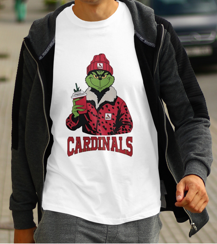 The Grinch In St Louis Cardinals Jacket With Coffee Christmas T-Shirt
