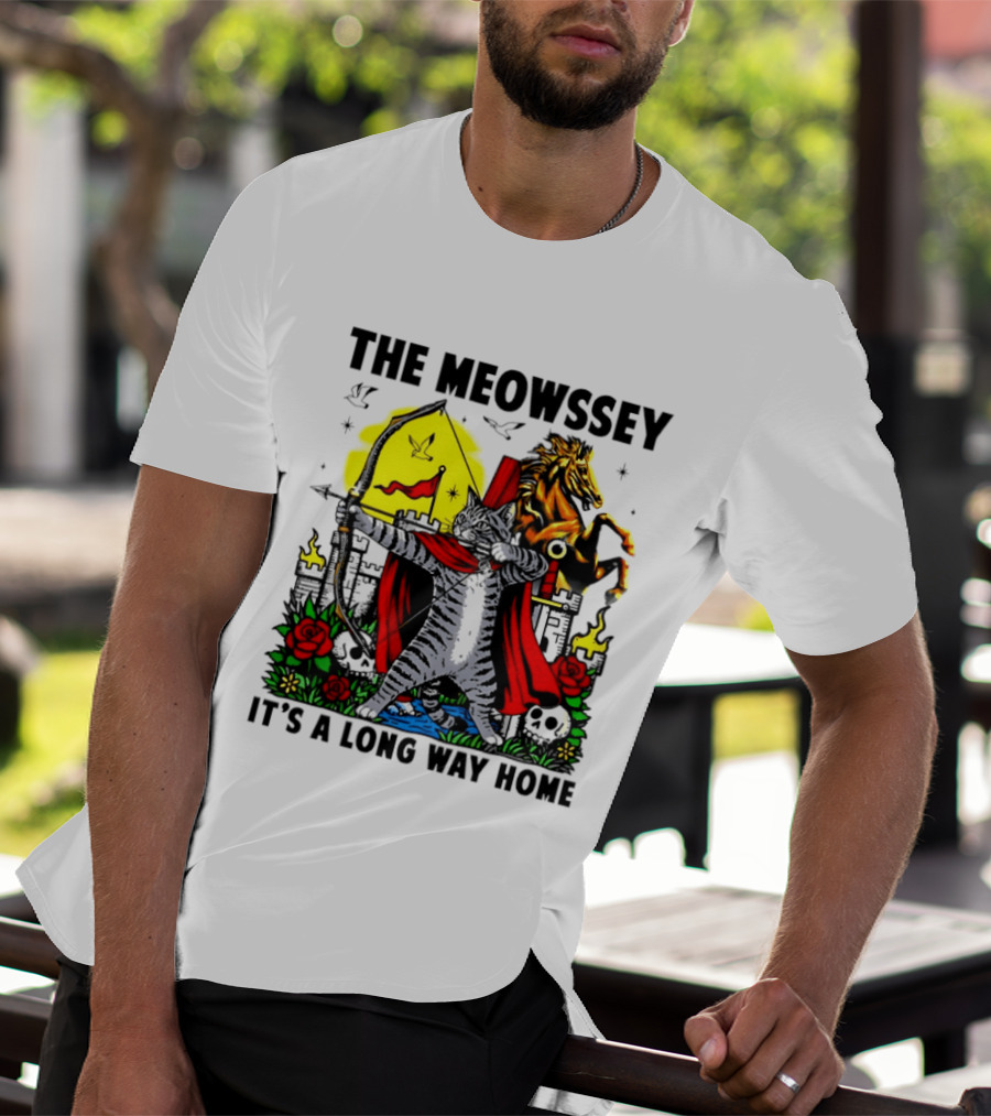 The Meowssey It's A Long Way Home Cat Archer With Red Cape And Horse T-Shirt