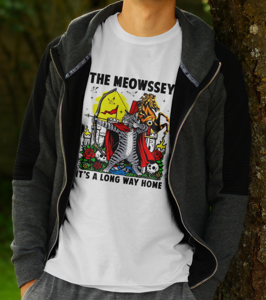 The Meowssey It's A Long Way Home Cat Archer With Red Cape And Horse T-Shirt