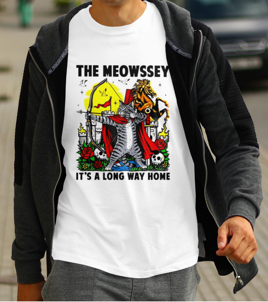 The Meowssey It's A Long Way Home Cat Archer With Red Cape And Horse T-Shirt