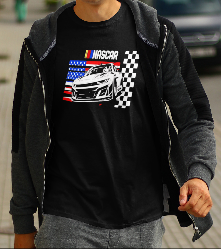 Nascar Race Car American Flag Checkered Flag T-Shirt