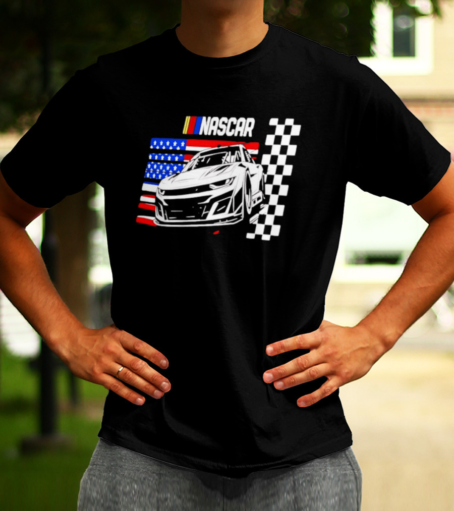 Nascar Race Car American Flag Checkered Flag T-Shirt