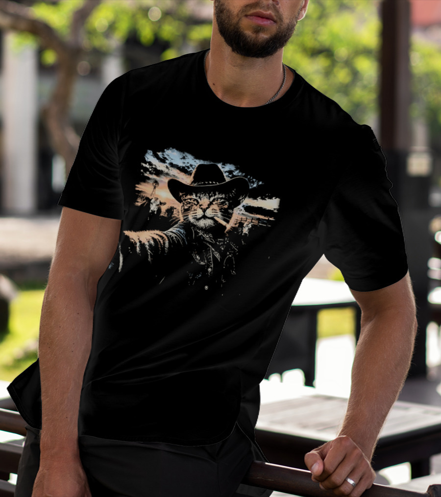 Cowboy Cat Smoking Selfie Sunset Western Sky Scene T-Shirt