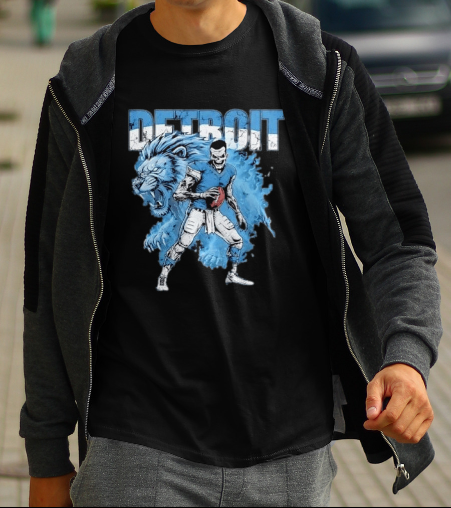 Detroit Lions Zombie Quarterback With Football And Fierce Lion T-Shirt